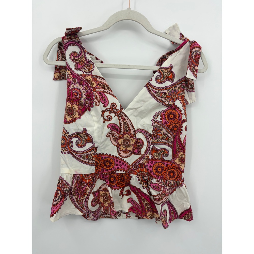 Express Paisley Peplum Top Womens S Pink Orange Tie Shoulder V-Neck Sleeveless